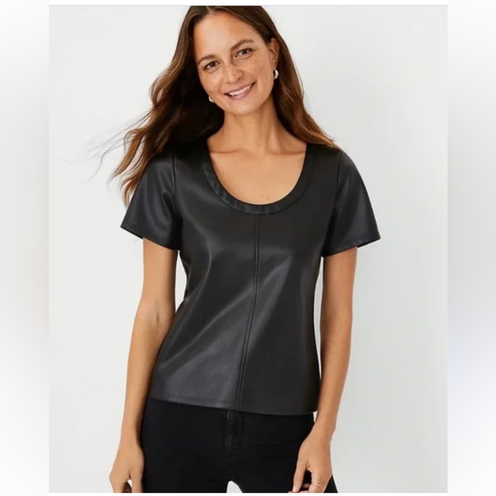 NWT Ann Taylor Faux Leather Scoop Neck Short Sleeve Top Size M